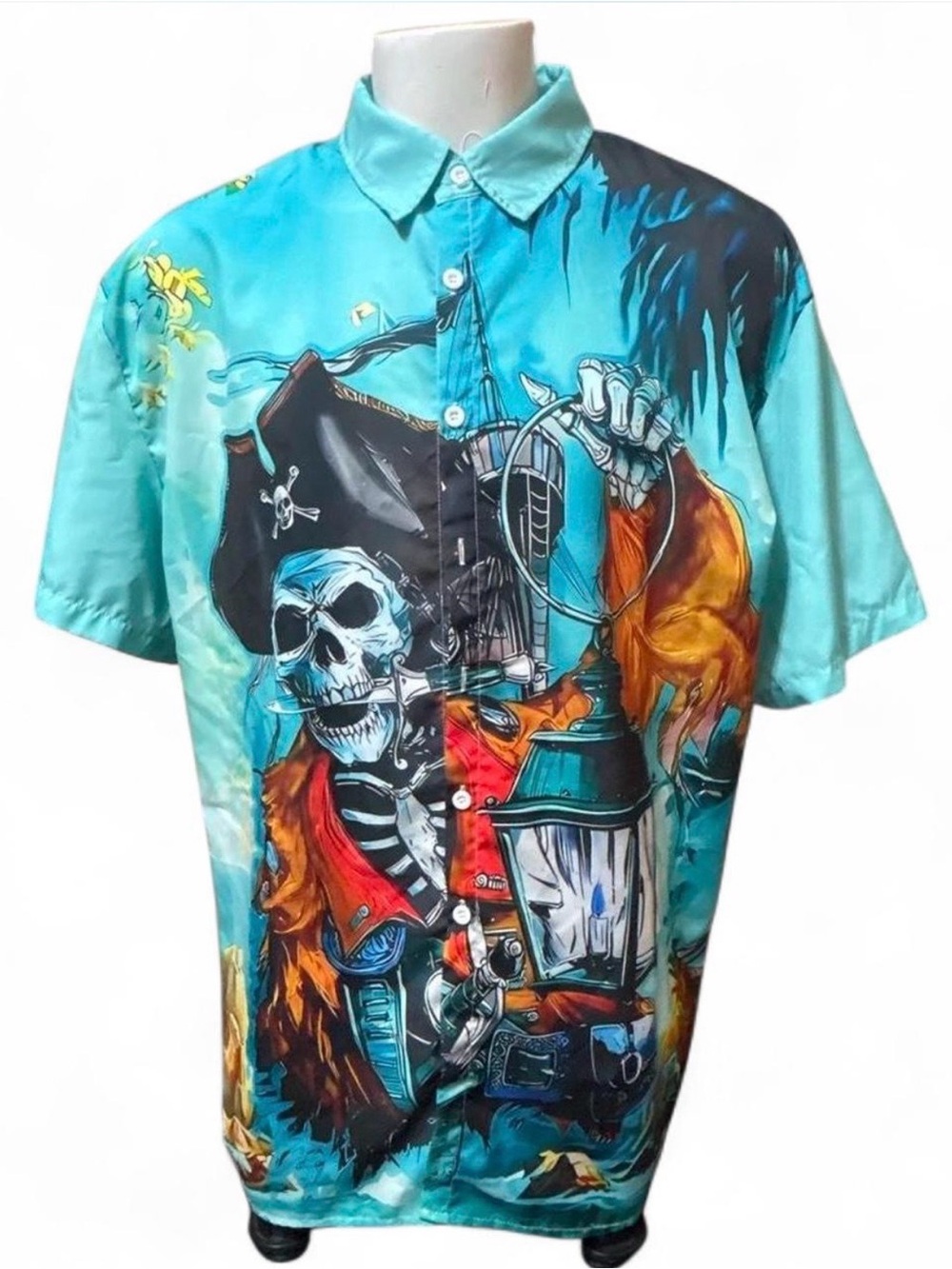 Turquoise Pirate Skeleton Graphic Button-Down Shirt big and tall beach vacation